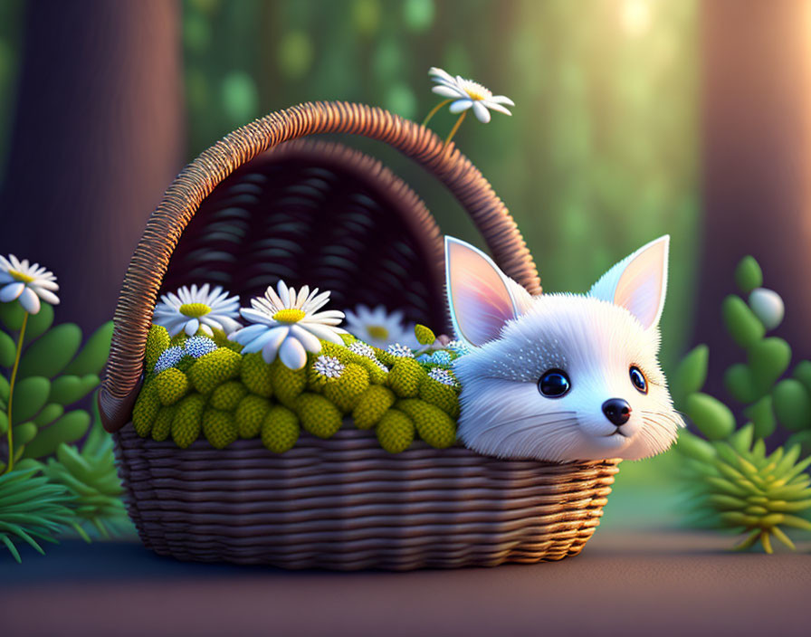 Illustration of fluffy white creature in wicker basket among yellow flowers