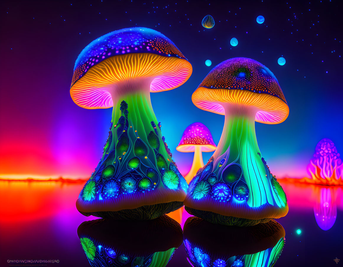 Colorful Neon-Lit Mushrooms Reflecting on Smooth Surface