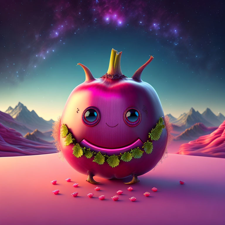 Smiling eggplant character in mountain twilight scene