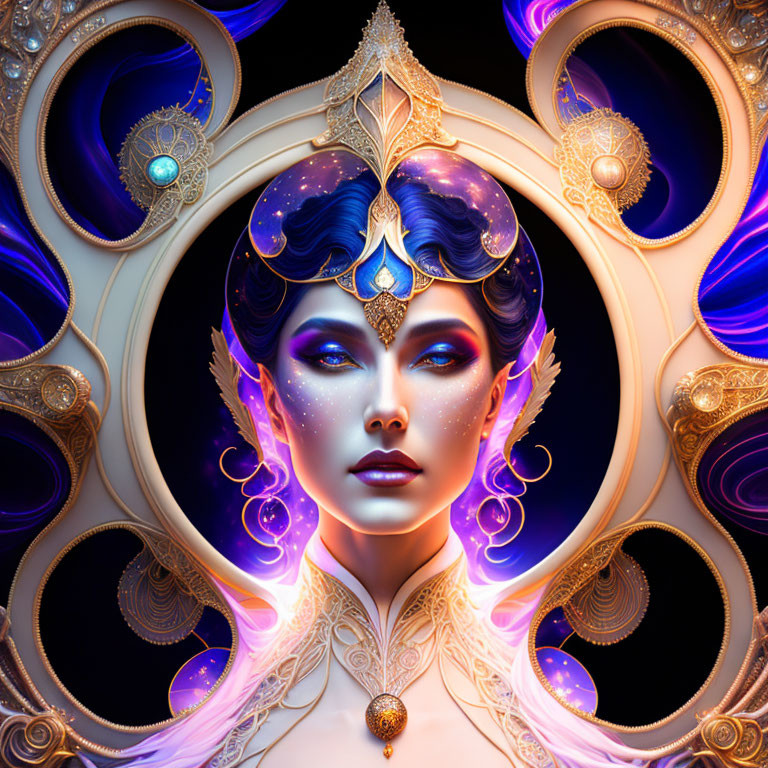 Mystical female figure with blue skin and galaxy hair in ornate golden setting