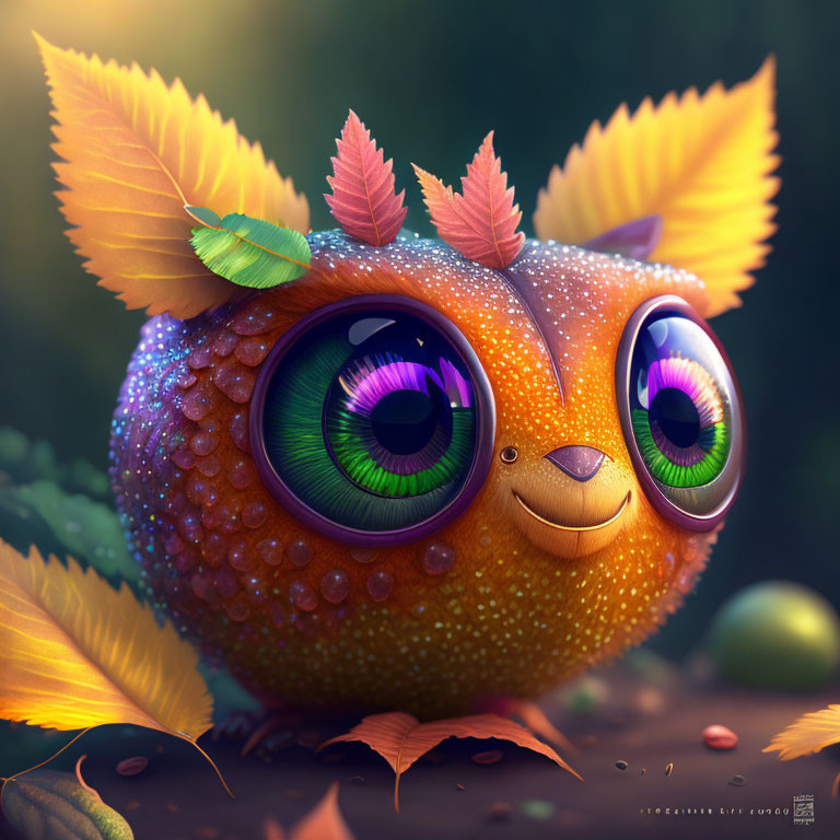 Whimsical creature with large eyes and leaf-like ears in forest setting