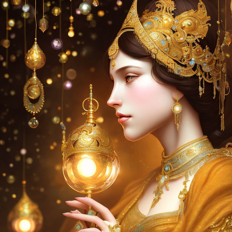 Intricate golden jewelry adorned woman with ornamental lantern and luminescent beads.