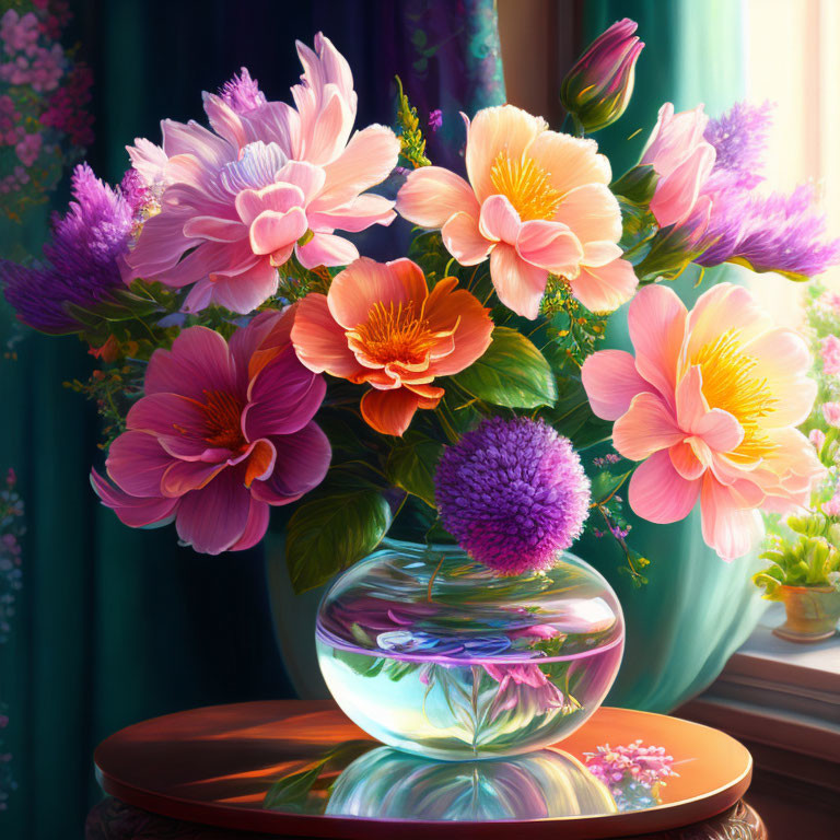 Colorful Flower Bouquet in Glass Vase on Wooden Table