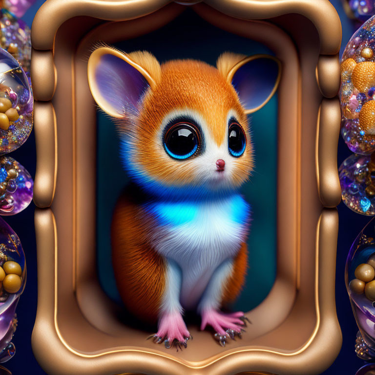 Digital art: Cute orange and white creature in gold frame with ornamental bubbles.