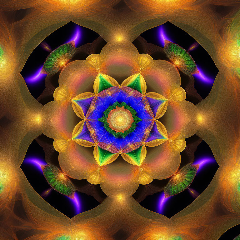 Symmetric Digital Mandala with Vibrant Orange and Blue Floral Motifs