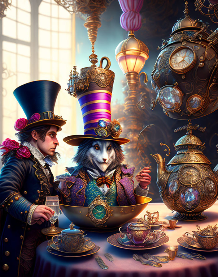 Victorian man and wolf in suit with teapots and lanterns