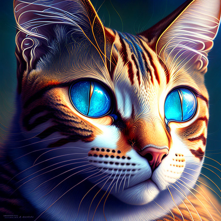 Vibrant digital artwork of a cat with blue eyes and orange stripes