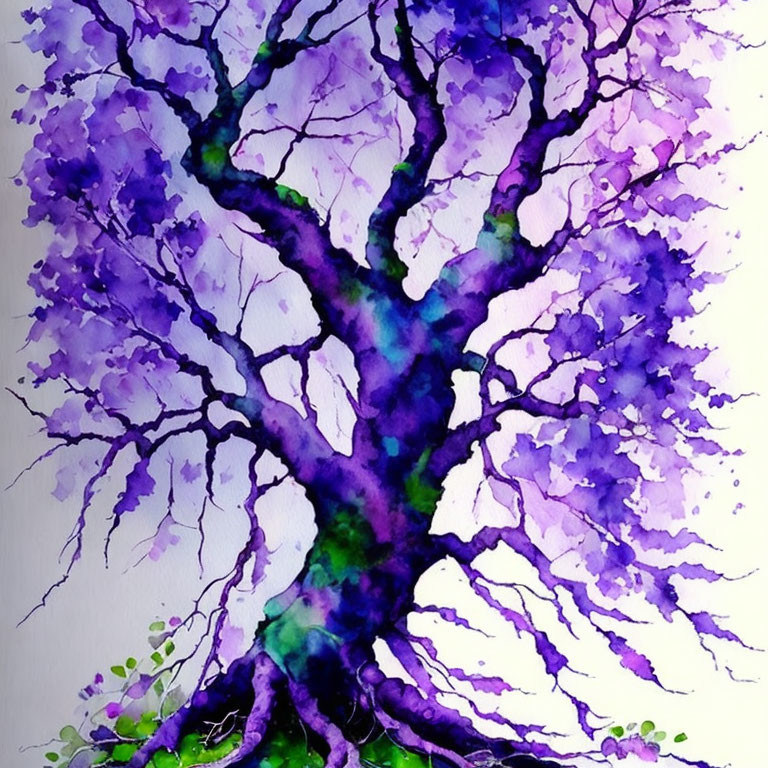 Colorful Watercolor Painting of Tree with Purple and Blue Abstract Leaves