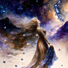 Illustration of woman merging with starry night sky