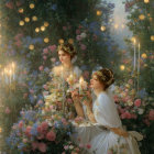 Women in classical attire with wreaths near cake and candles in misty, flower-filled setting