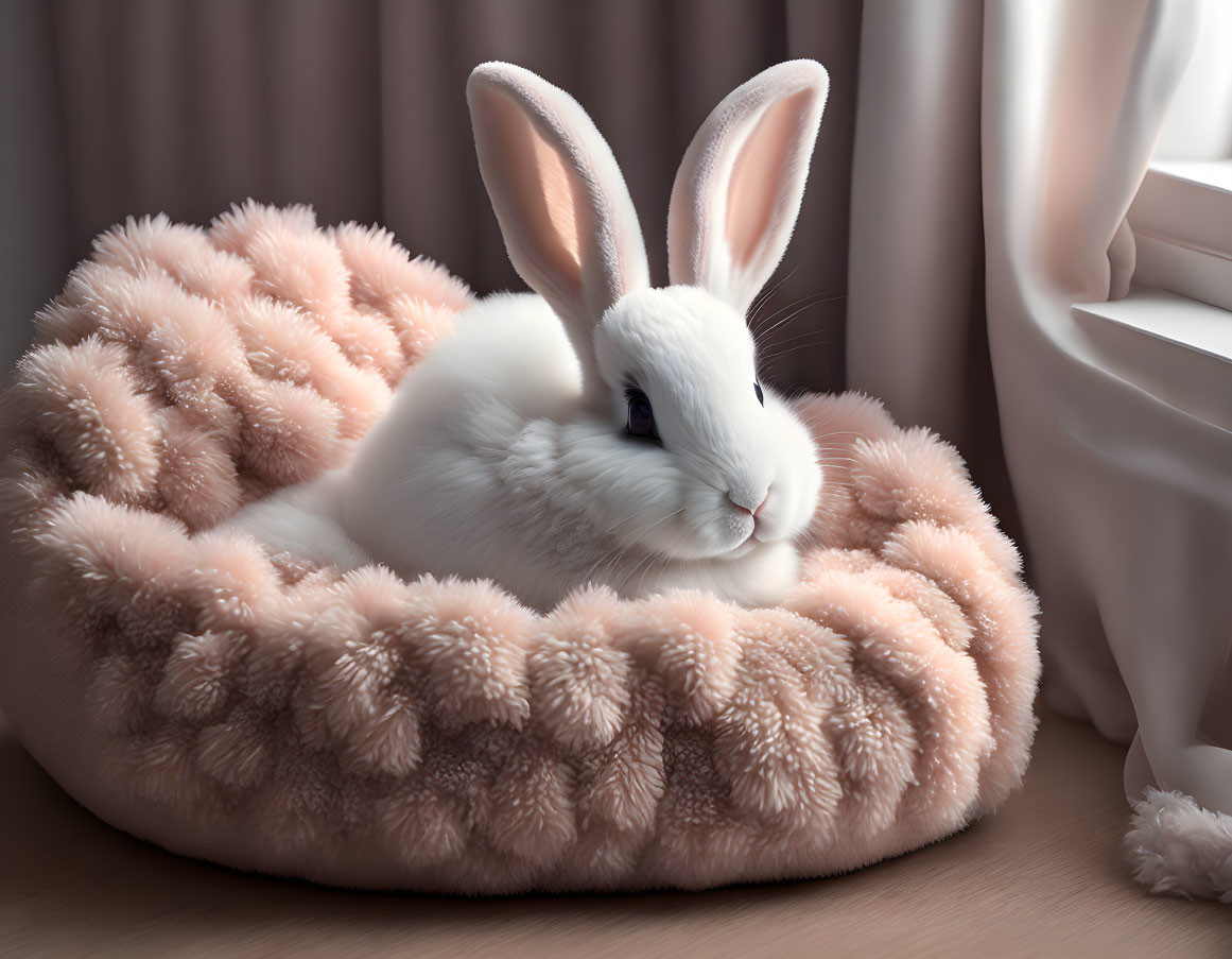 White Rabbit Resting in Pink Doughnut-Shaped Pet Bed by Window