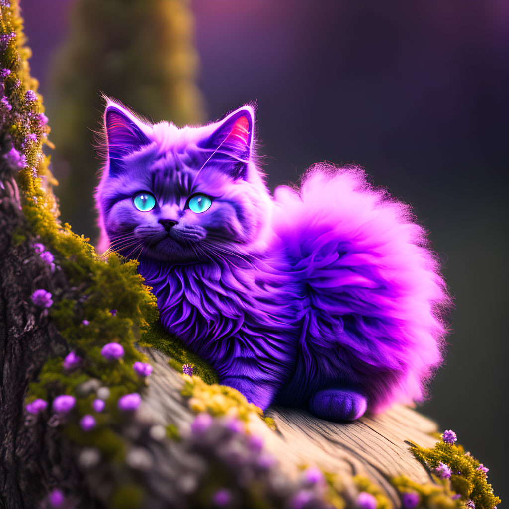 Colorful Fantasy Purple Cat with Blue Eyes on Mossy Tree Stump