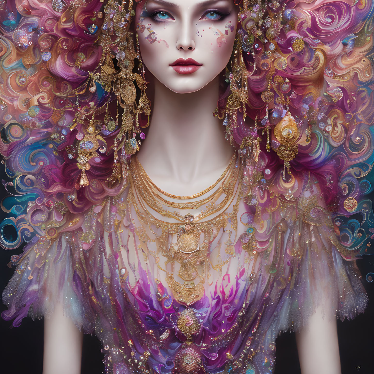 Vibrant fantasy portrait of woman with purple and pink hair and gold jewelry