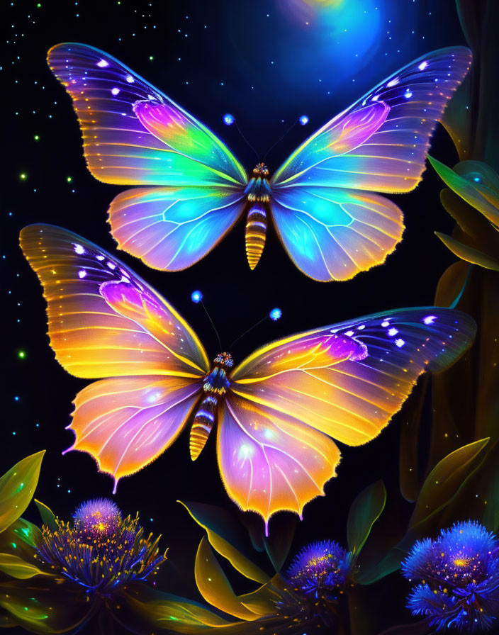 Vibrant glowing butterflies with iridescent wings in luminous flora at night