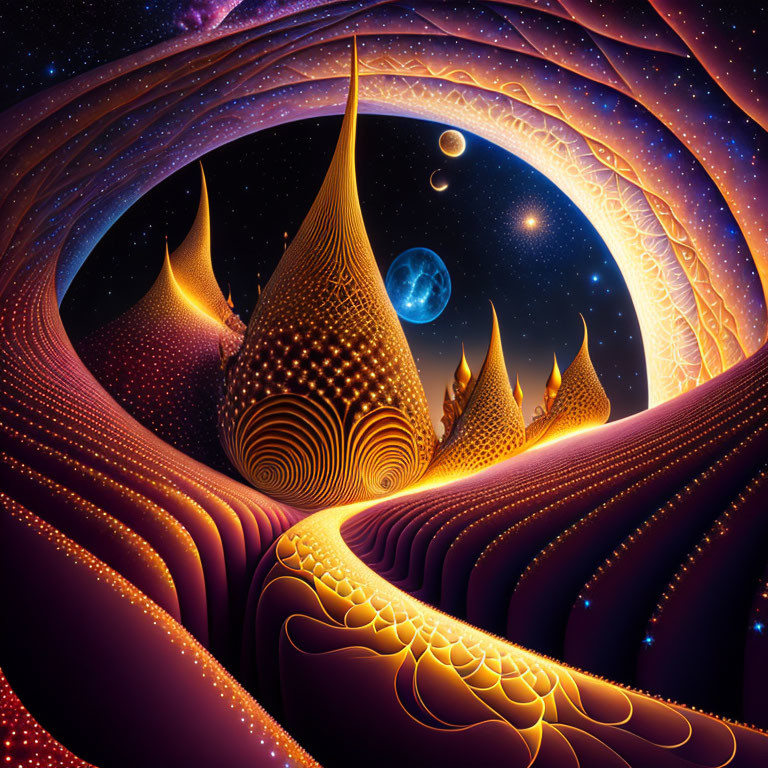 Colorful digital artwork of surreal landscape with swirling patterns, spiked structures, and celestial bodies.