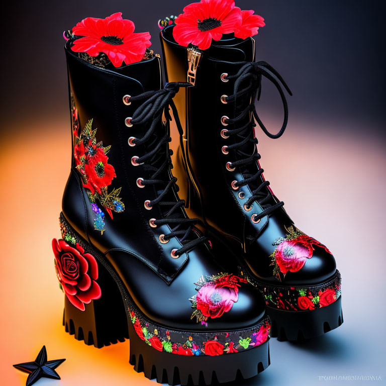 Black Platform Boots with Floral Embroidery on Gradient Background