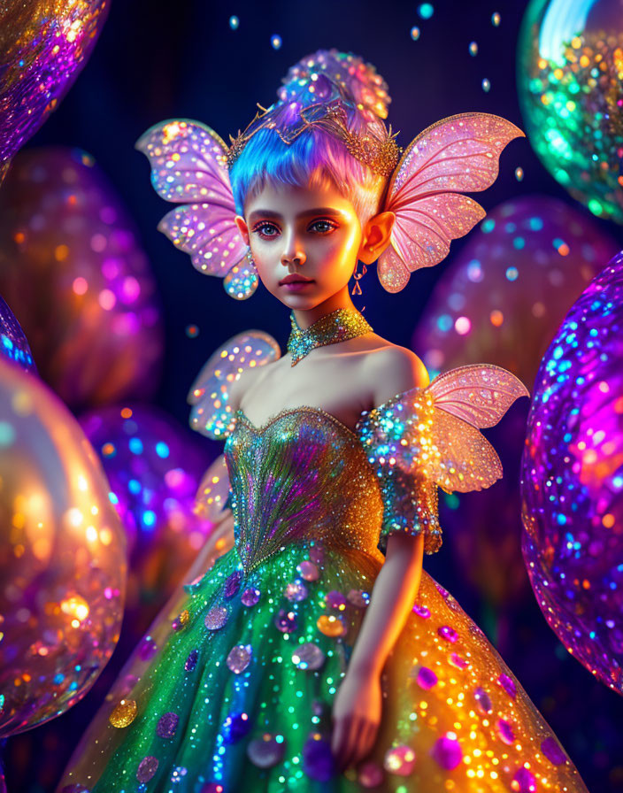 Person with Butterfly Wings and Luminous Attire Surrounded by Glowing Orbs