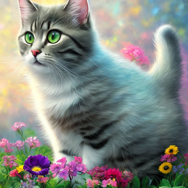 Gray Tabby Cat with Green Eyes Among Colorful Flowers in Soft Lighting