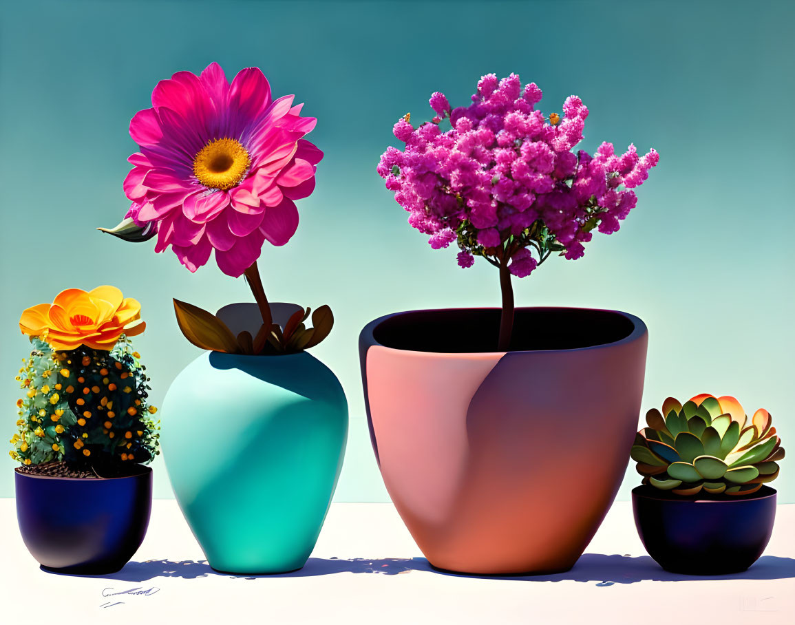 Colorful Potted Plants Painting with Yellow to Pink Flowers on Blue Background