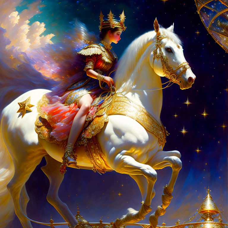 Golden armored figure on white horse in cosmic setting with stars.