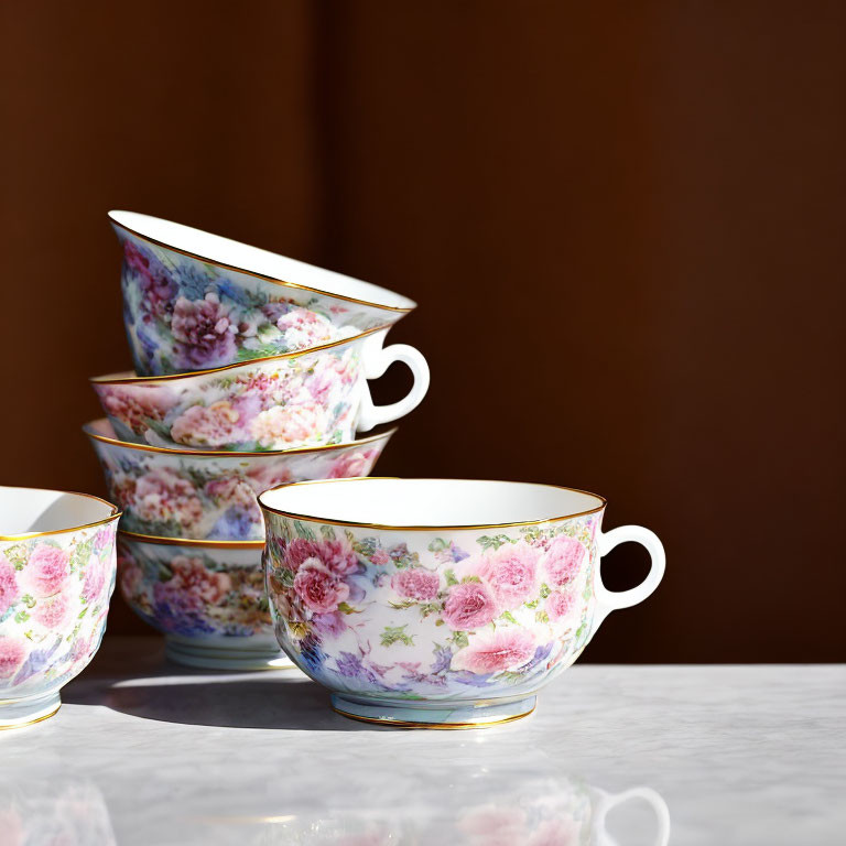 Floral-patterned porcelain teacups on marble surface with brown backdrop