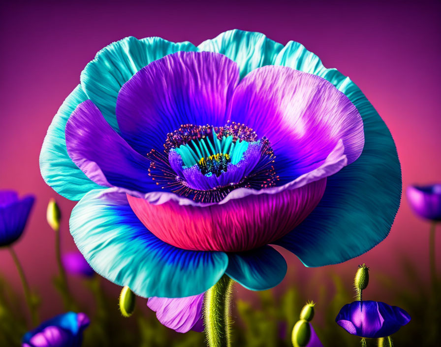 Colorful Blue and Purple Poppy Flower with Pinkish-Purple Background