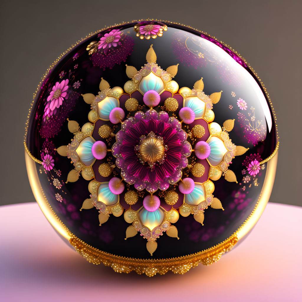 Intricate Gold and Purple Floral Sphere on Pink Surface