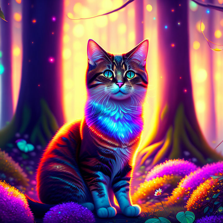 Colorful Digital Art: Neon Cat in Purple Forest Scene