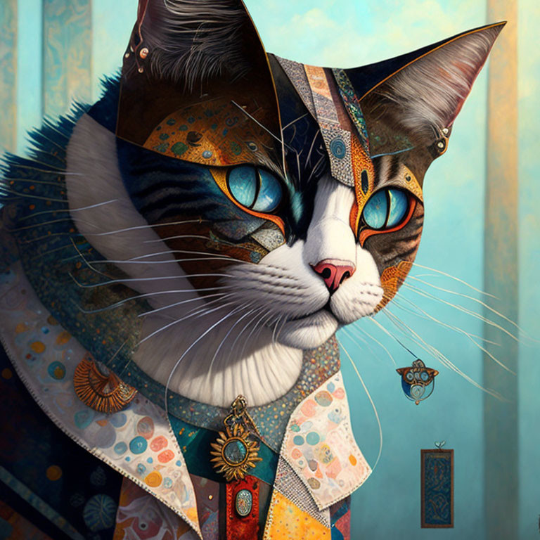 Detailed illustration of majestic cat with ornate patterns and regal attire.