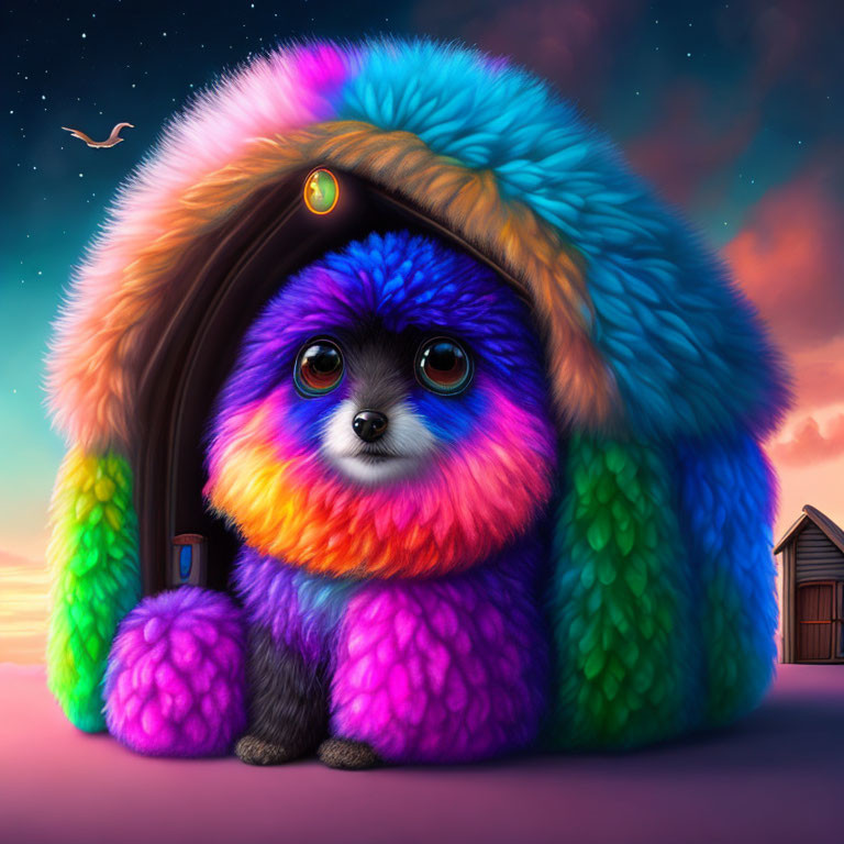 Colorful fluffy creature under cozy igloo structure in twilight sky with star and bird