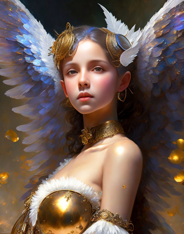 Young woman with white angelic wings and golden armor in serene pose on dark background.