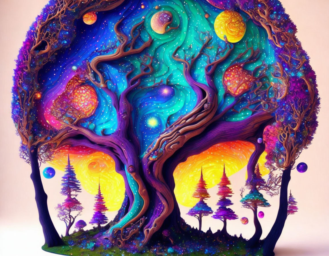 Colorful Psychedelic Tree Artwork Under Celestial Sky