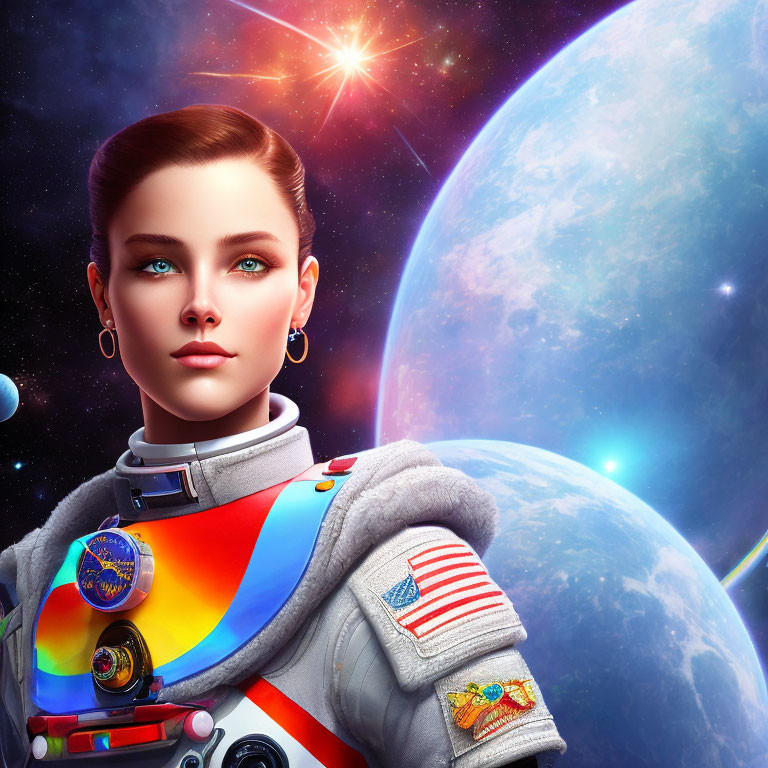 Colorful Woman Astronaut Digital Portrait in Starry Space