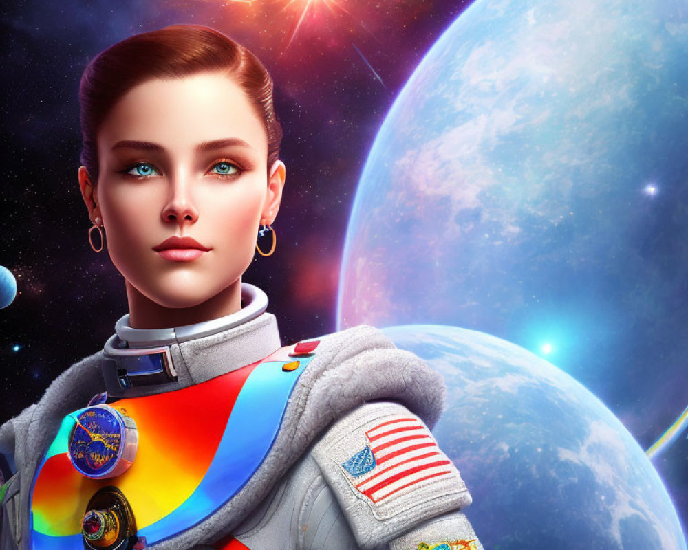 Colorful Woman Astronaut Digital Portrait in Starry Space