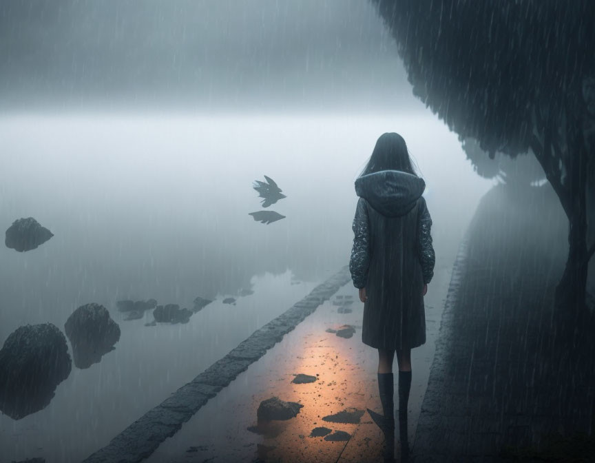 Hooded figure on misty waterfront path gazes at flying bird