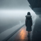 Hooded figure on misty waterfront path gazes at flying bird