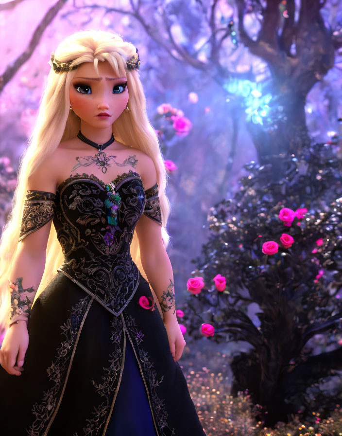 Blonde-haired doll in black dress as fantasy princess in mystical forest scene