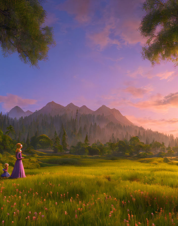 Serene sunrise landscape with woman in purple dress, lush meadow, mountains, vibrant sky