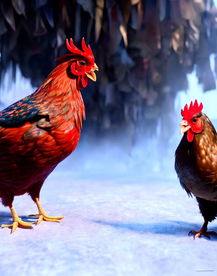 Animated red rooster and brown hen on misty ground.