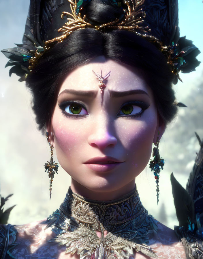 Green-eyed animated character with ornate headdress and earrings on bokeh background