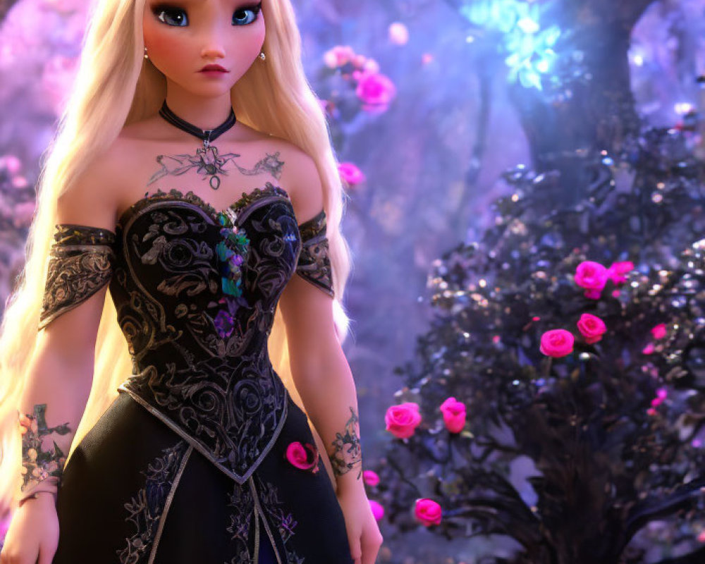 Blonde-haired doll in black dress as fantasy princess in mystical forest scene