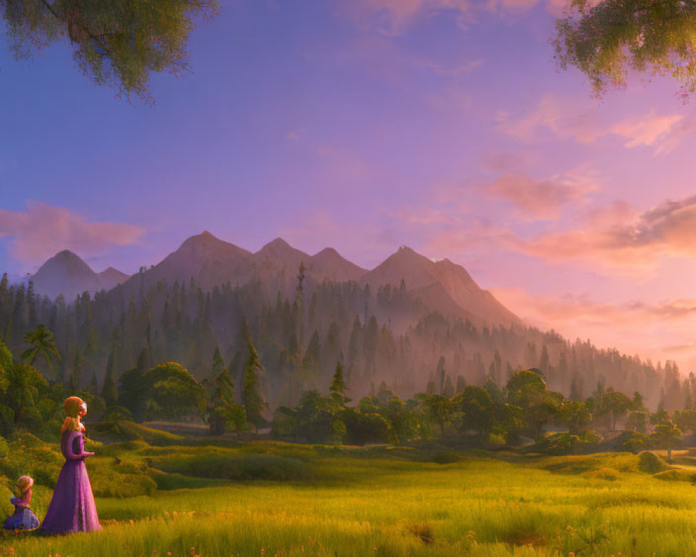 Serene sunrise landscape with woman in purple dress, lush meadow, mountains, vibrant sky