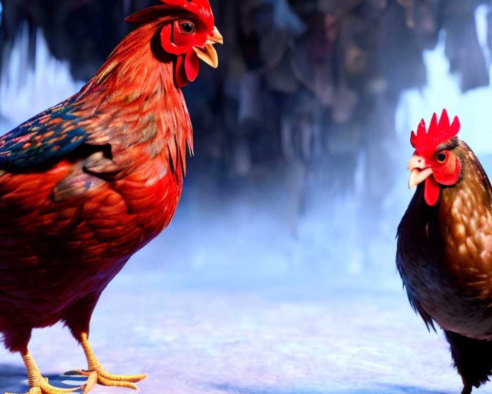 Animated red rooster and brown hen on misty ground.