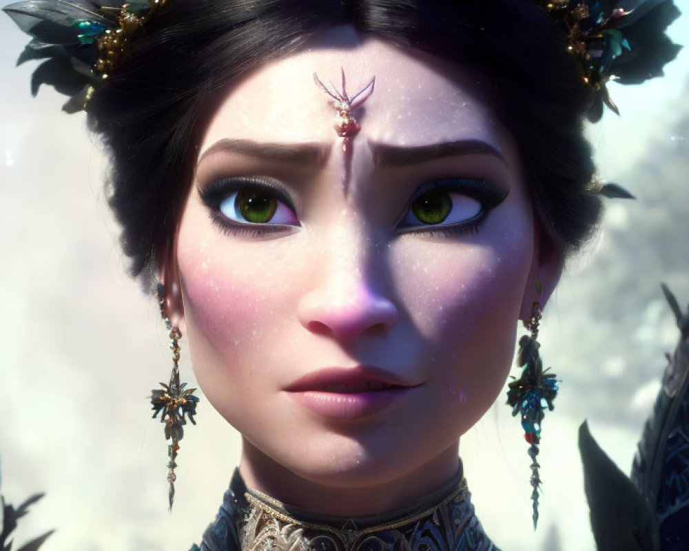 Green-eyed animated character with ornate headdress and earrings on bokeh background