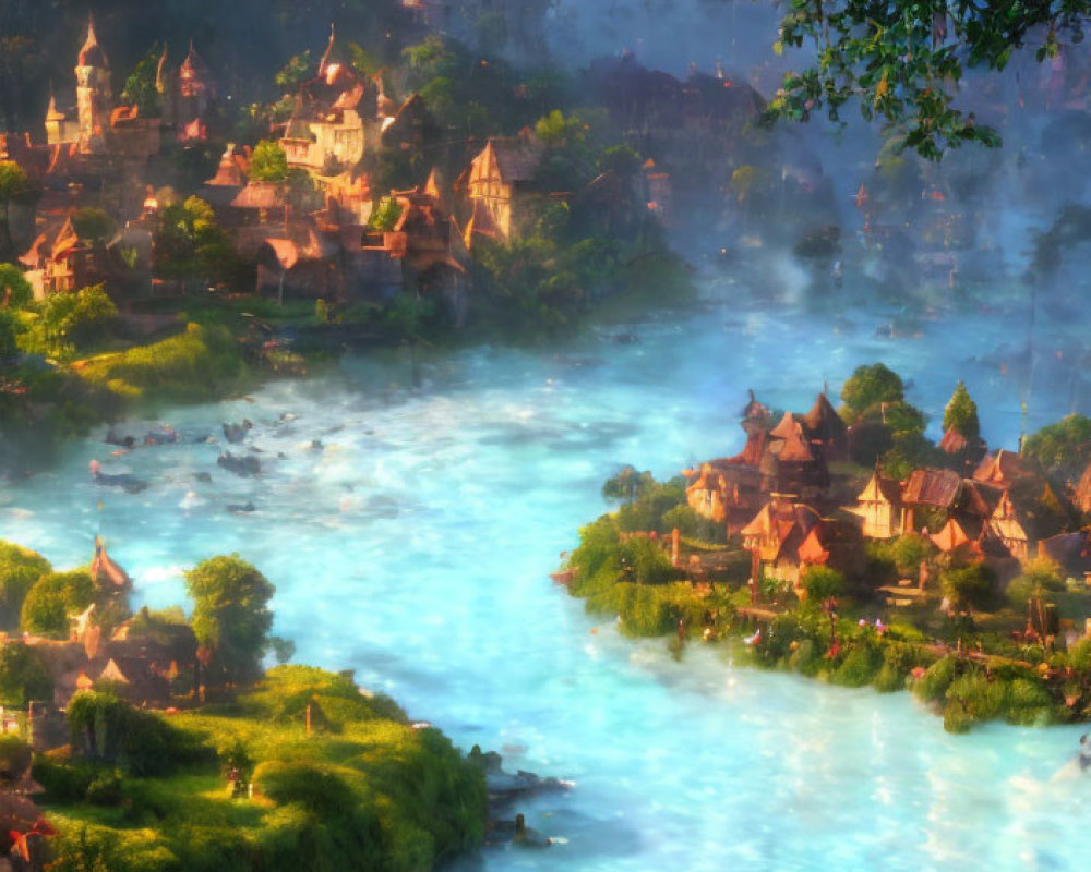 Vibrant turquoise river in serene fantasy landscape