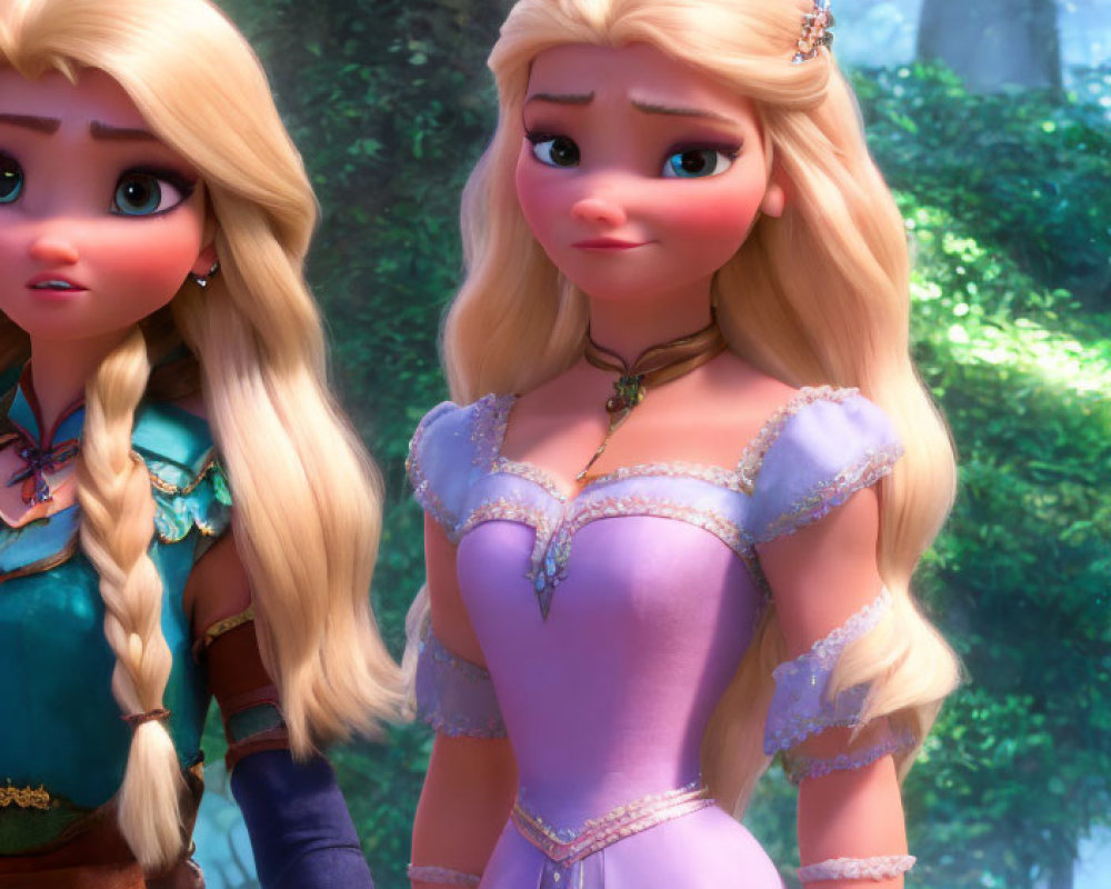 Animated princesses in forest: one with braid in green dress, the other in purple with ti