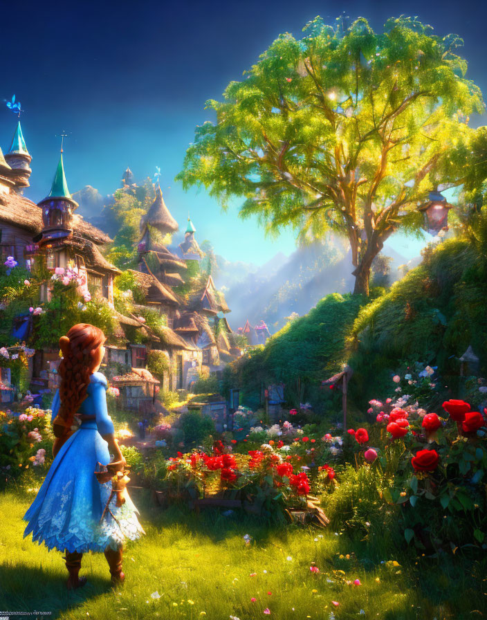 Vibrant village garden with young woman and fairytale houses