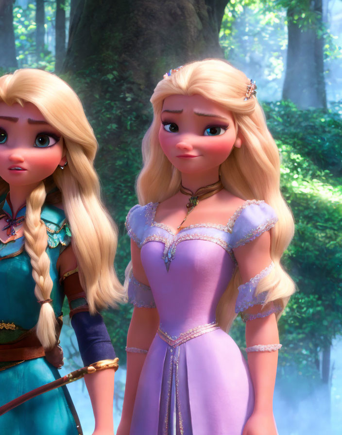 Animated princesses in forest: one with braid in green dress, the other in purple with ti