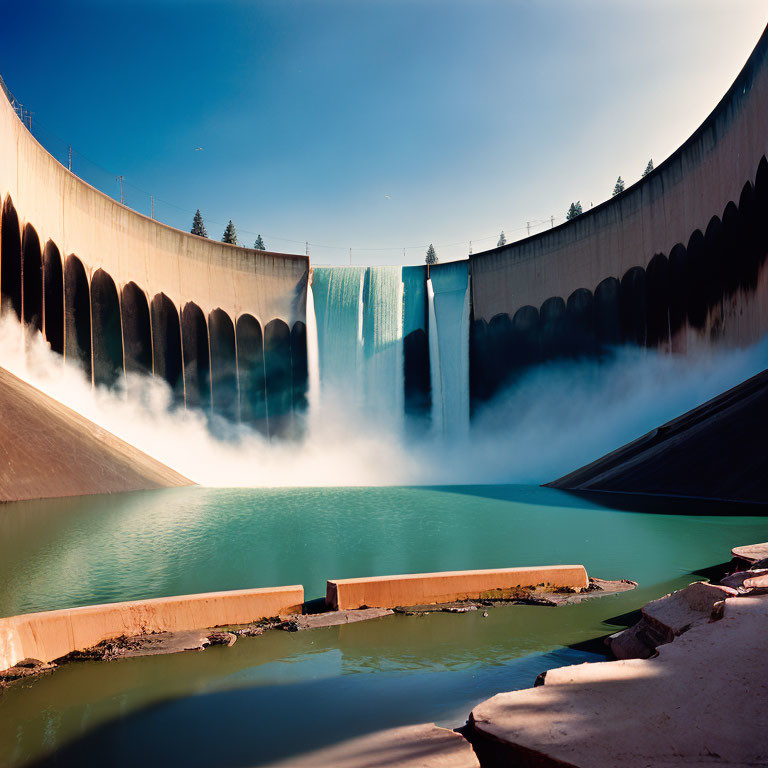 Dam with cascading water into calm reservoir under clear sky