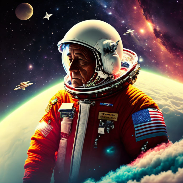 Astronaut in space suit with American flag patch, contemplating stars, Earth, shuttle, and moon